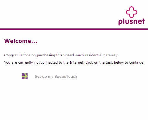 The Thomson Gateway Welcome Page, click Setup My SpeedTouch.