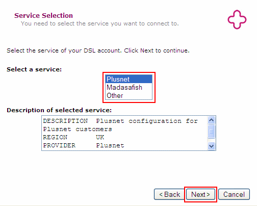 Choose Plusnet from the Service list and click Next.
