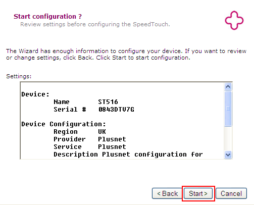 Check the settings are correct and click Start.