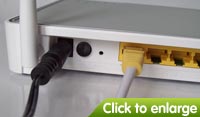 Plug the yellow Ethernet cable into one of the 4 available Ethernet sockets on the back of your router, you'll see the corresponding light turn green as shown below.