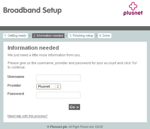 This is the Broadband Setup page, enter the username and password you log into this site with and click Go.