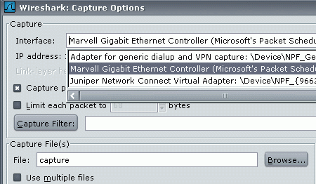 Wireshark Adaptor Selection