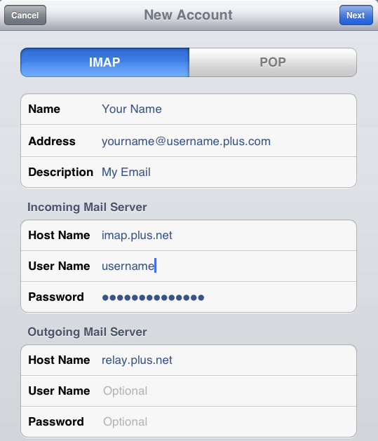 Enter the Incoming and Outgoing Mail Server details and press Next. If you need help with these, there's more detail underneath the screenshot.
