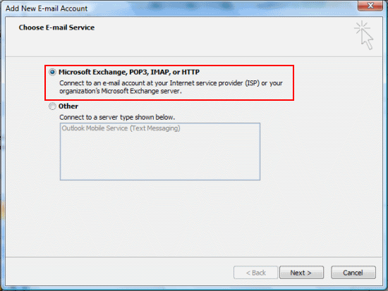 Select Microsoft Exchange, POP3, IMAP or HTTP and click Next.