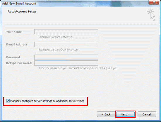 Select Manually configure server settings or additional server types and click Next.