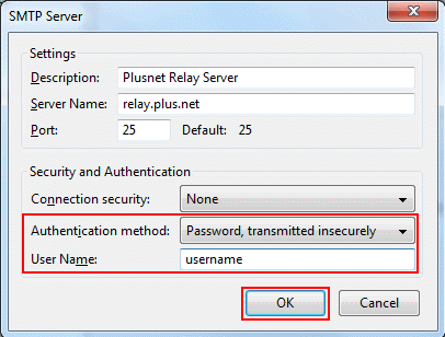 Change Authentication method to Password, transmitted insecurely. This will allow you to fill in the User Name box. Enter your Account username (the one you log into this site with). Make sure the other boxes match the screenshot and click OK.