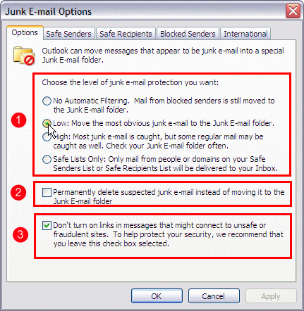 Actions - Junk E-mail - Junk E-mail Options