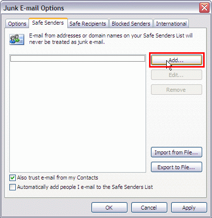 Actions - Junk E-mail - Junk E-mail Options - Safe Senders