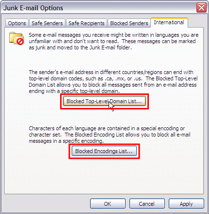 Actions - Junk E-mail - Junk E-mail Options - International