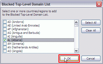 Actions - Junk E-mail - Junk E-mail Options - International - Top Level Domains