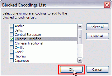 Actions - Junk E-mail - Junk E-mail Options - International - Encoding