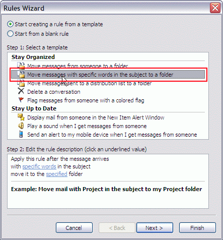 Tools - Rules and Alerts - New Rule - Rule Wizard