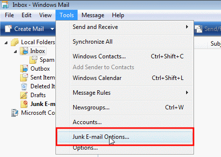 Windows Mail Junk E-Mail Options