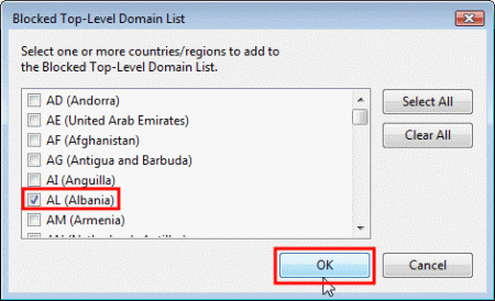 Windows Mail - International - Blocked Top Level Domain List