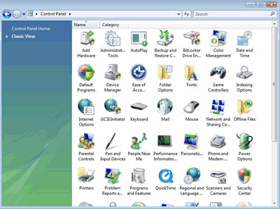 Windows Vista - Control Panel - Classic View