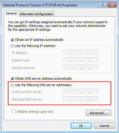 Windows 7 - Use the following DNS server addresses