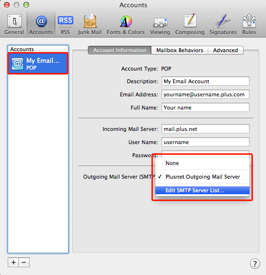 Select your account from the list on the left side, click the arrow next to your Outgoing Mail Server (SMTP) and select Edit SMTP Server List...