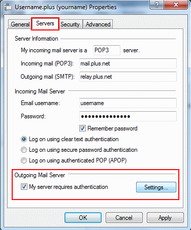 Choose the Servers tab, tick My server requires authentication and then click Settings