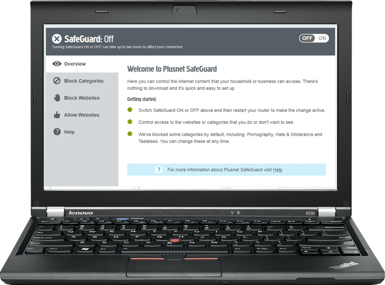 A laptop showing  Plusnet Safeguard on screen