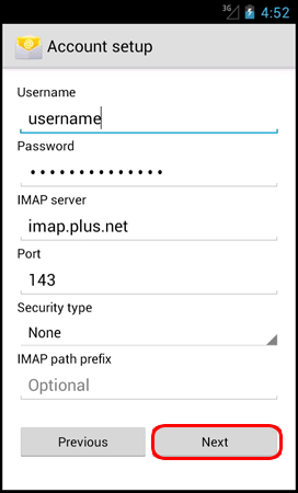 Enter the Username and IMAP or POP server details and press Next.