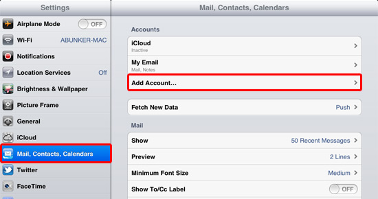 From the setting menu, choose Mail, Contacts, Calendars followed by Add Account…